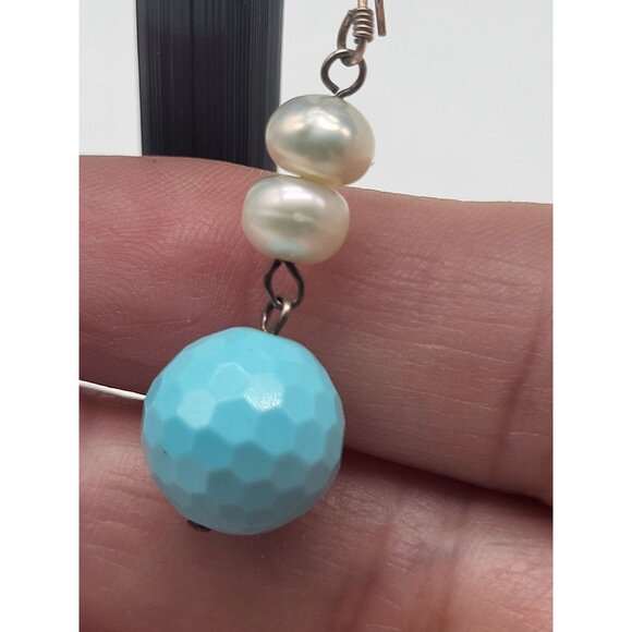 925 Sterling Silver Pearl and Blue Faceted Bead Dangle Drop Earrings Dainty - Picture 3 of 6